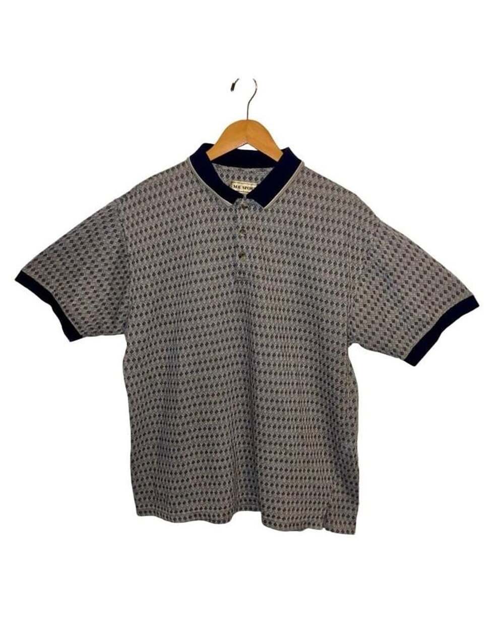 M.E. Sport Vintage 90s Diamond Pattern Knit Short Sleeve Polo Shirt Grey Navy Me